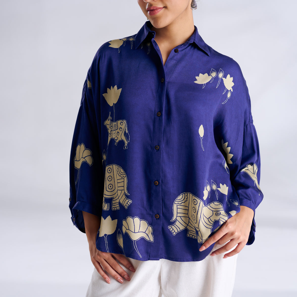 Ele Fun Oversized Modal Satin Shirt - Royal Blue