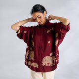 Ele Fun Oversized Modal Satin Shirt - Maroon