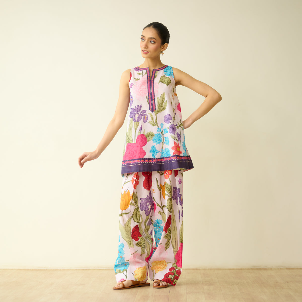Flower Garden Slub Cotton Farsi Coord Set - Soft Pink