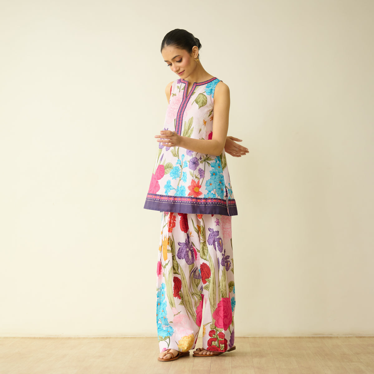 Flower Garden Slub Cotton Farsi Coord Set - Soft Pink