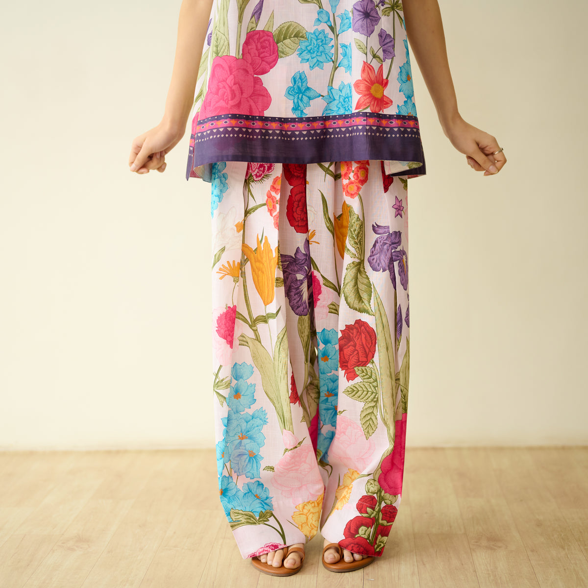 Flower Garden Slub Cotton Farsi Coord Set - Soft Pink