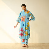 Into the Wilderness Slub Cotton Kurta Set - Sky Blue