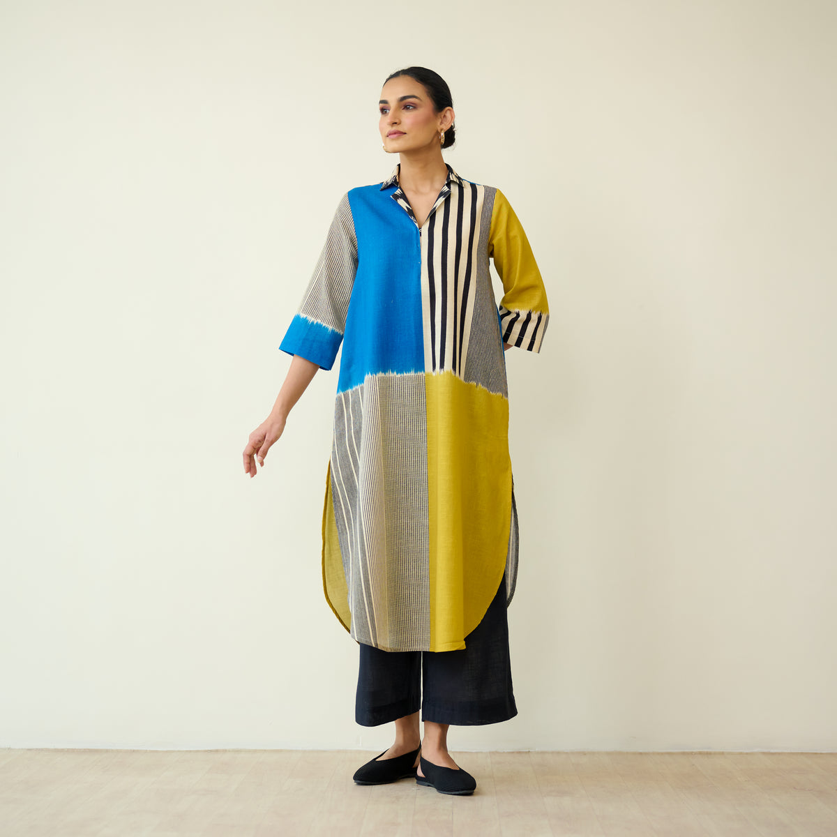 Retro Slub Cotton Statement Kurta - Electric Blue & Ochre Yellow