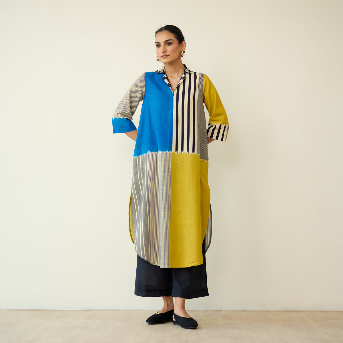 Retro Slub Cotton Statement Kurta - Electric Blue & Ochre Yellow
