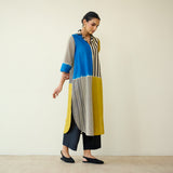Retro Slub Cotton Statement Kurta - Electric Blue & Ochre Yellow