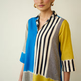 Retro Slub Cotton Statement Kurta - Electric Blue & Ochre Yellow
