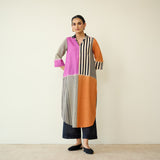 Retro Slub Cotton Statement Kurta - Pink & Tangerine