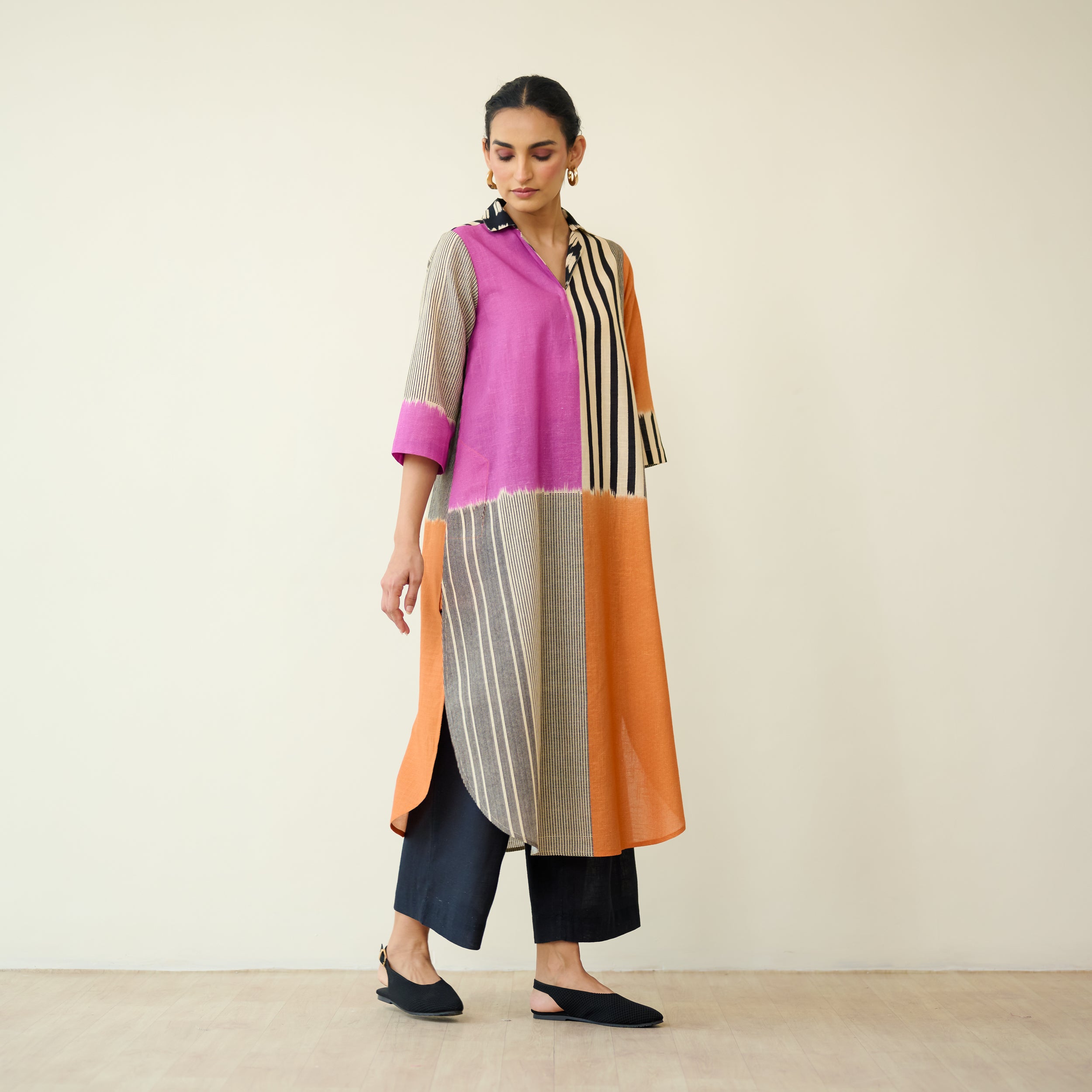 Retro Slub Cotton Statement Kurta - Pink & Tangerine