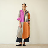 Retro Slub Cotton Statement Kurta - Pink & Tangerine