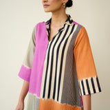 Retro Slub Cotton Statement Kurta - Pink & Tangerine