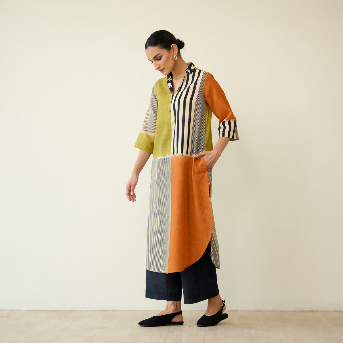 Retro Slub Cotton Statement Kurta - Tangerine & Heena