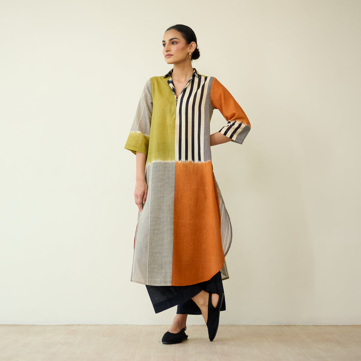 Retro Slub Cotton Statement Kurta - Tangerine & Heena