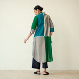 Retro Slub Cotton Statement Kurta - Teal & Green
