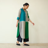 Retro Slub Cotton Statement Kurta - Teal & Green