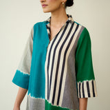 Retro Slub Cotton Statement Kurta - Teal & Green