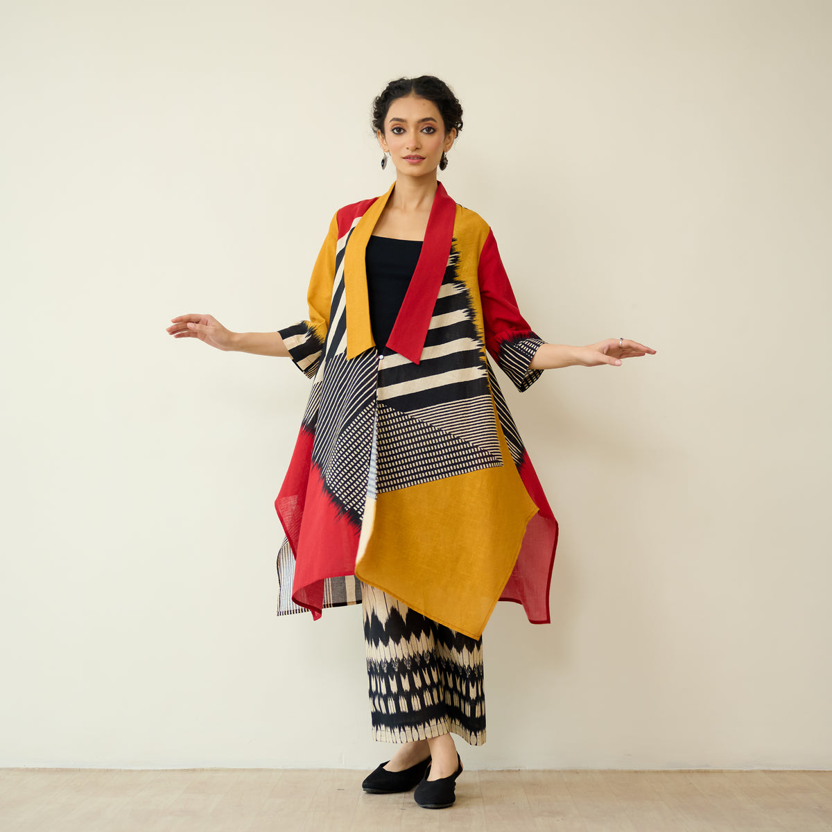 Mix and Match Slub Cotton Shrug Set - Tomato Red & Turmeric Yellow