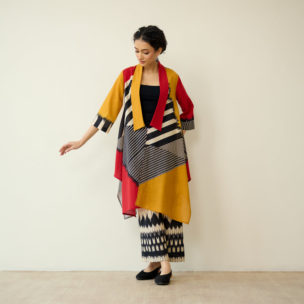 Mix and Match Slub Cotton Shrug Set - Tomato Red & Turmeric Yellow