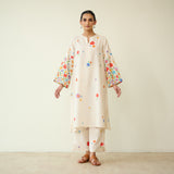 Blossom Hand Embroidered Slub Cotton Kurta Set - Ivory