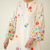 Blossom Hand Embroidered Slub Cotton Kurta Set - Ivory