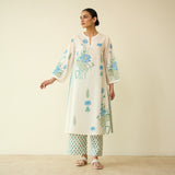 Lotus Bloom Mulmul Cotton Kurta Set - Asmani Blue