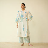 Lotus Bloom Mulmul Cotton Kurta Set - Asmani Blue