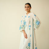 Lotus Bloom Mulmul Cotton Kurta Set - Asmani Blue