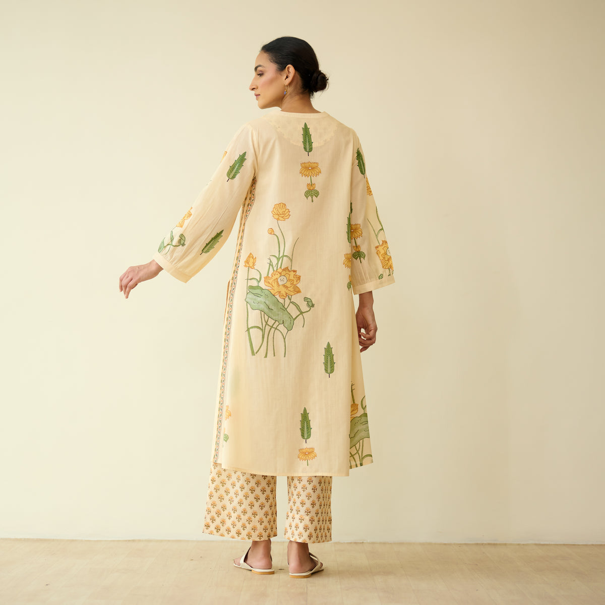 Lotus Bloom Mulmul Cotton Kurta Set - Butter Yellow