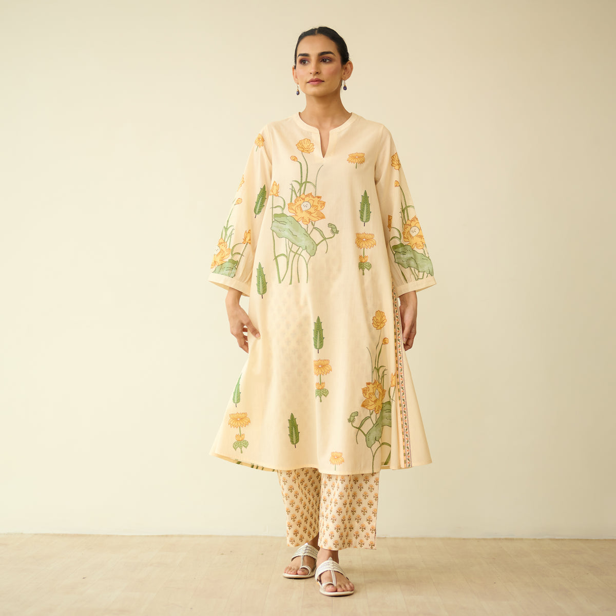 Lotus Bloom Mulmul Cotton Kurta Set - Butter Yellow