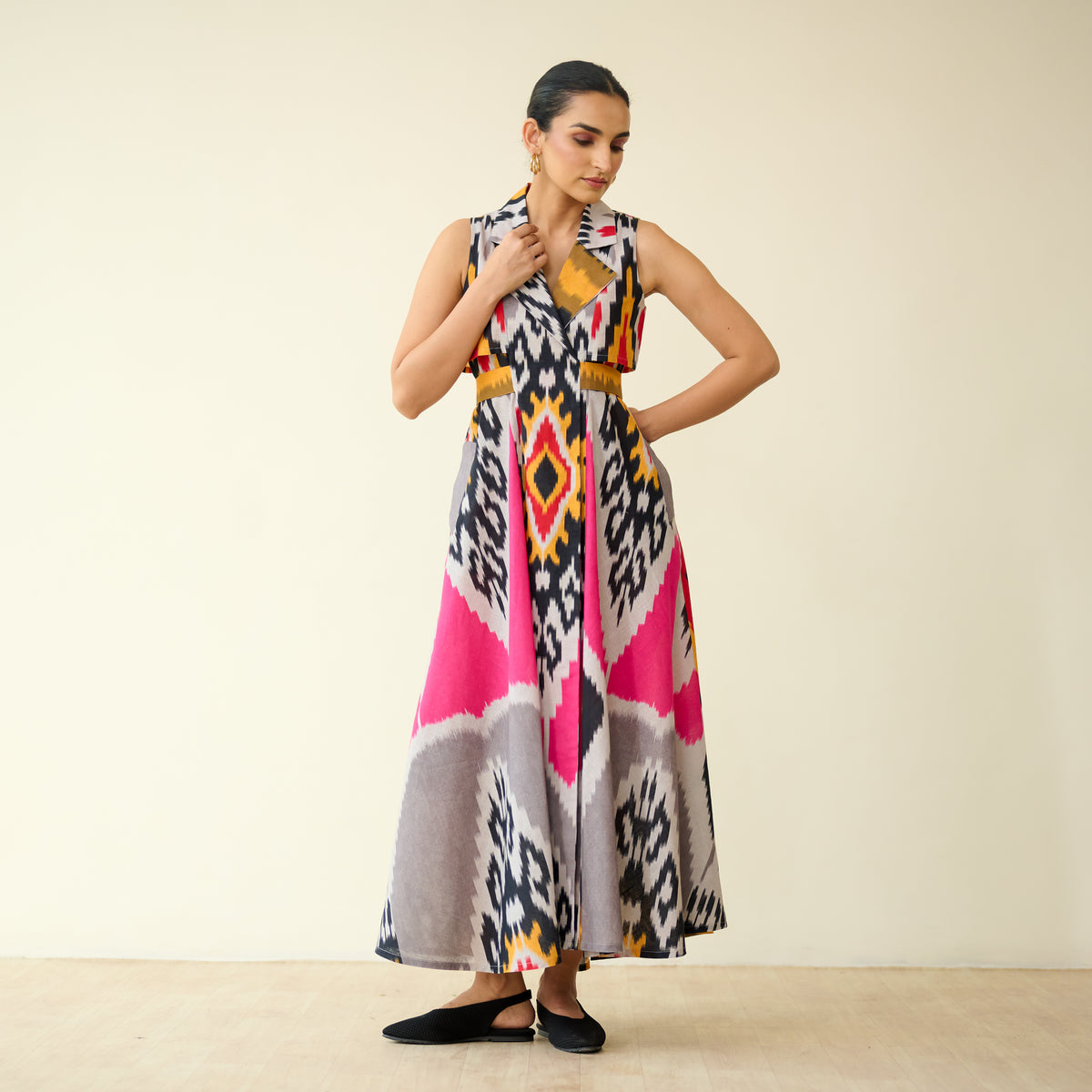 Bohemian Breeze Slub Cotton Dress - Pink & Grey