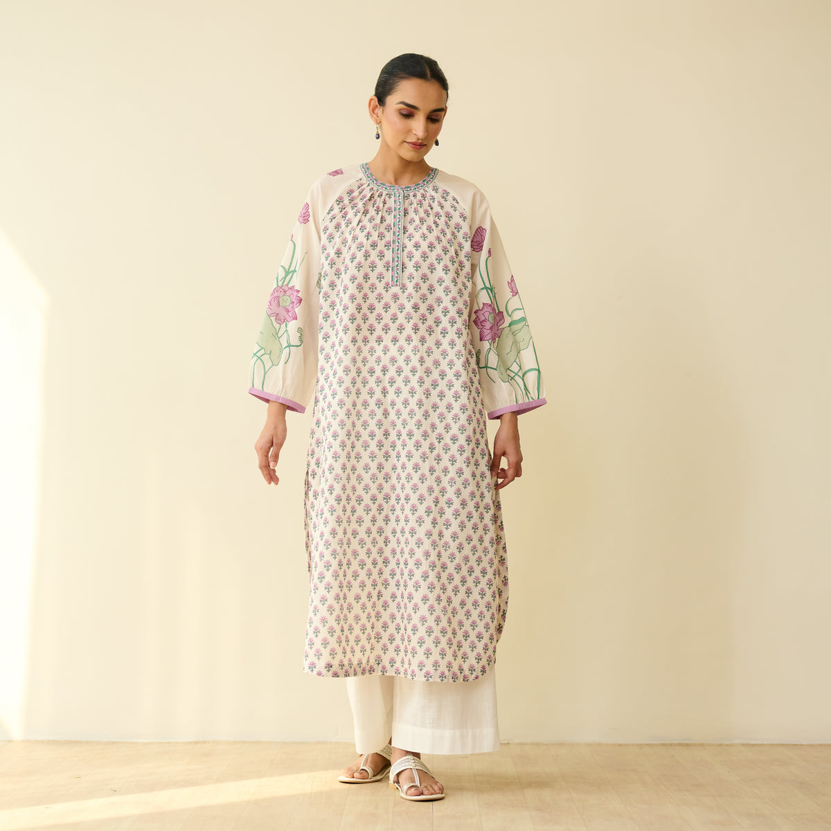 Sunlit Lotus Mulmul Cotton Everyday Kurta - Lilac