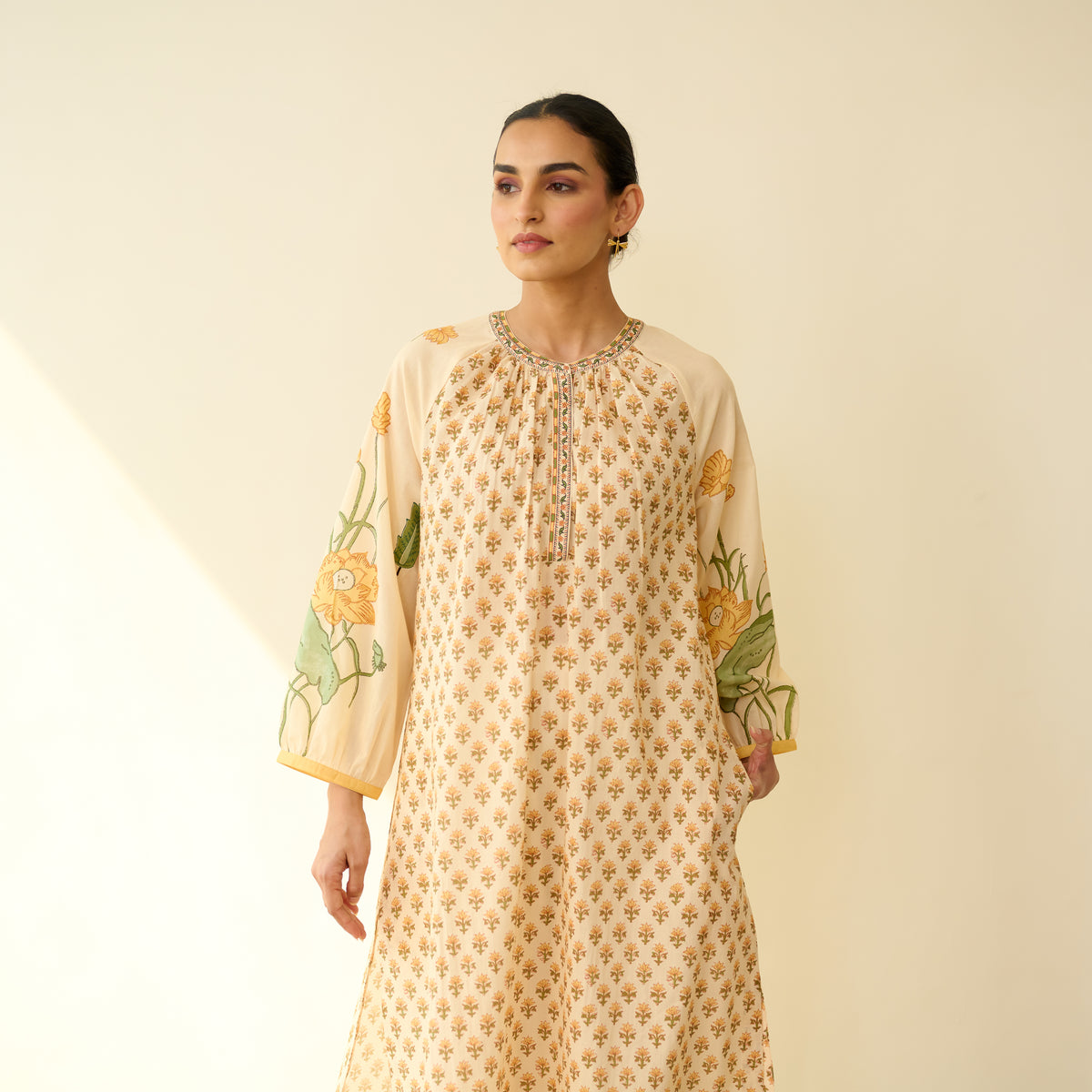 Sunlit Lotus Mulmul Cotton Everyday Kurta - Butter Yellow