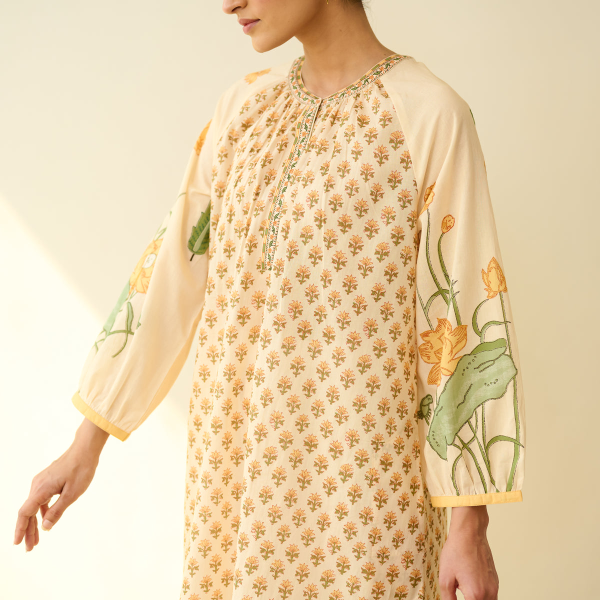 Sunlit Lotus Mulmul Cotton Everyday Kurta - Butter Yellow