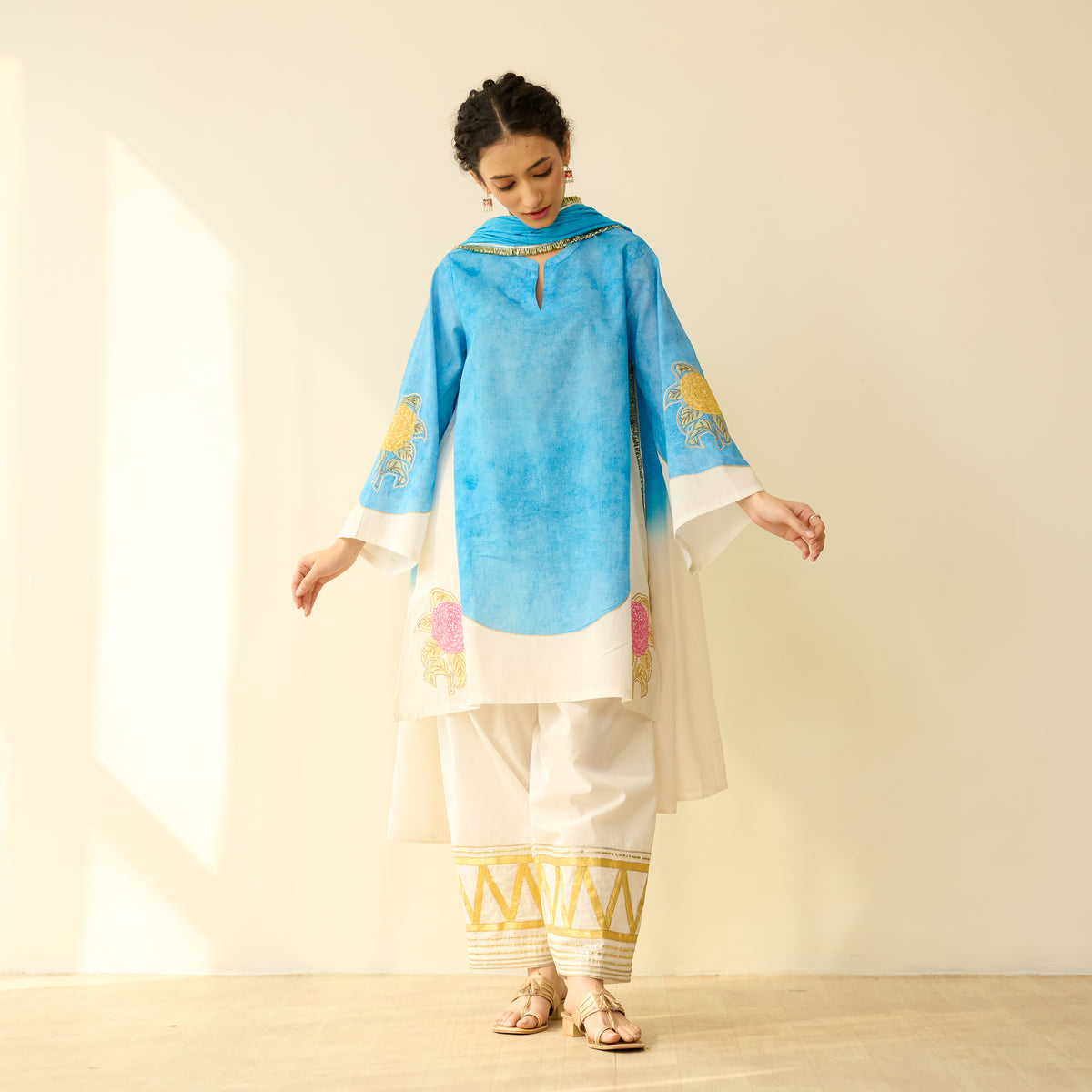 Gulabo Semi Festive Mulmul Cotton Salwar Set with Dupatta - Asmani Blue