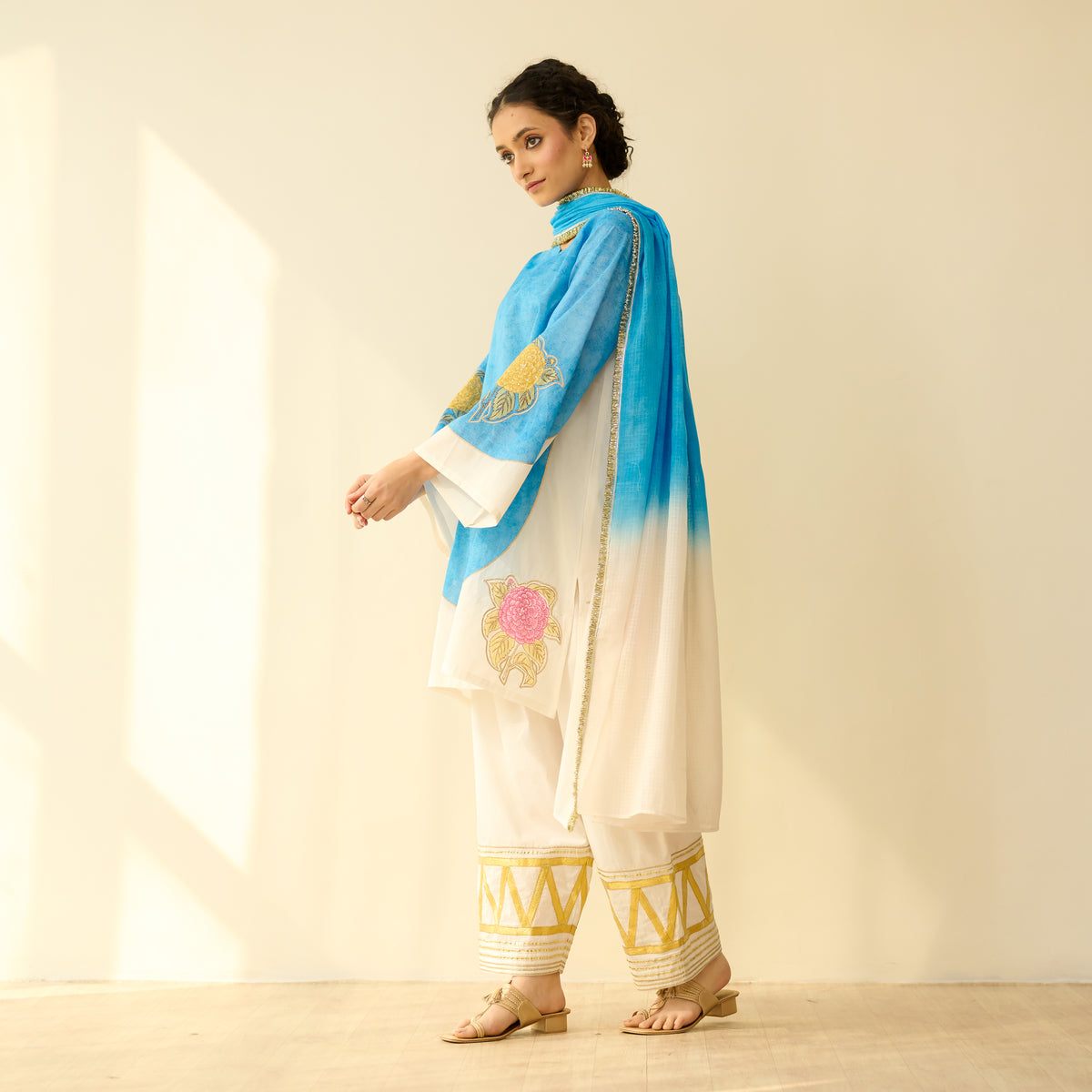 Gulabo Semi Festive Mulmul Cotton Salwar Set with Dupatta - Asmani Blue