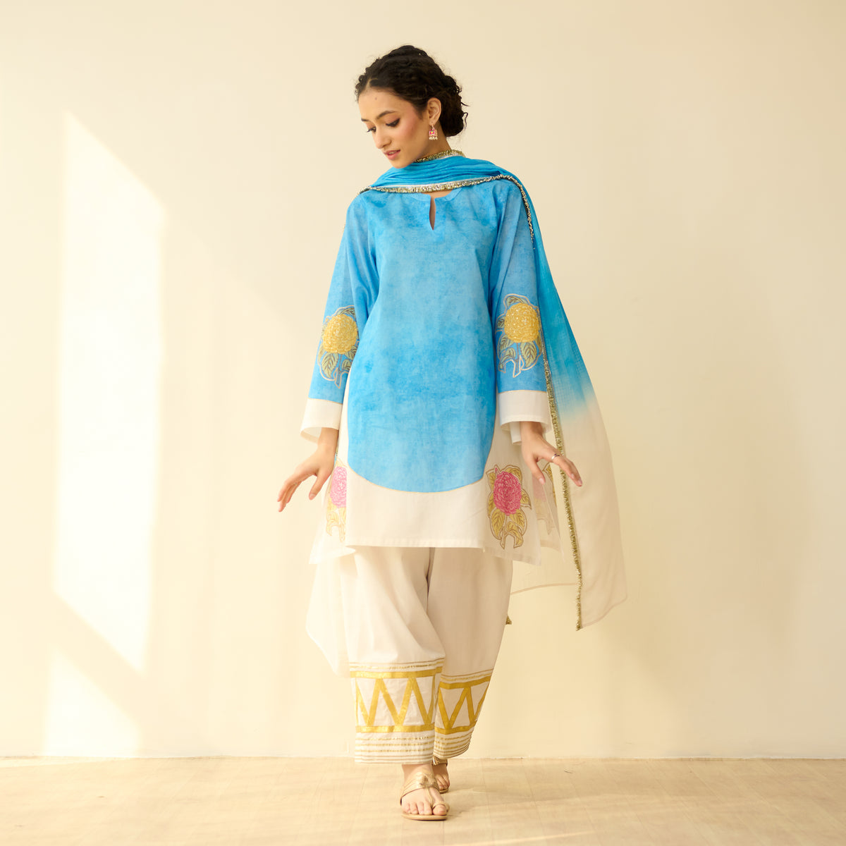 Gulabo Semi Festive Mulmul Cotton Salwar Set with Dupatta - Asmani Blue