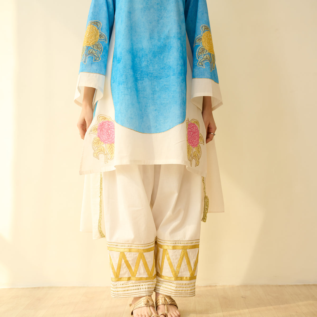 Gulabo Semi Festive Mulmul Cotton Salwar Set with Dupatta - Asmani Blue