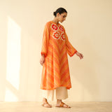 Roshani Kota Doria Cotton Kurta - Orange & Red