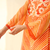 Roshani Kota Doria Cotton Kurta - Orange & Red