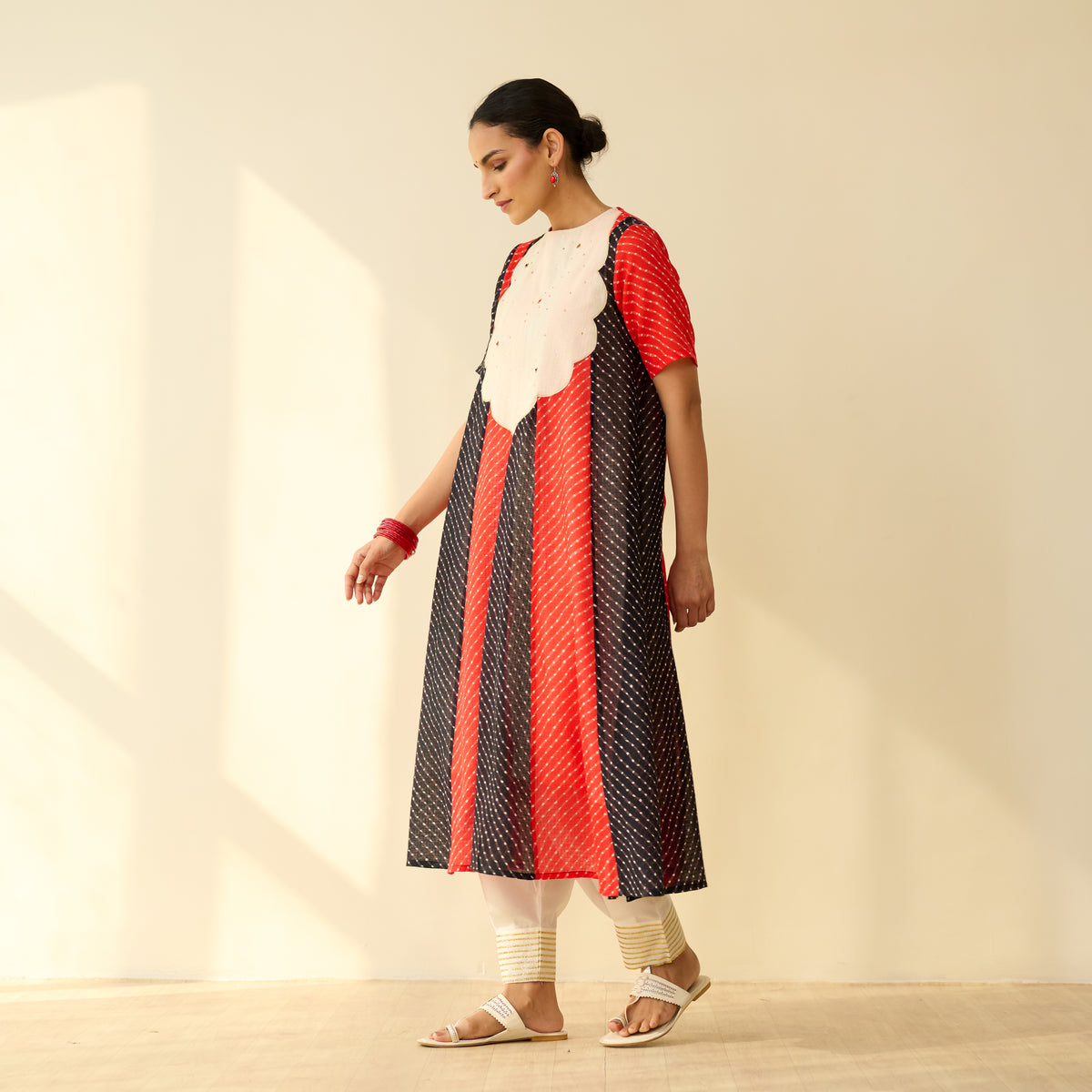 Rani Hand Embroidered Kota Doria Cotton Kurta - Red & Black