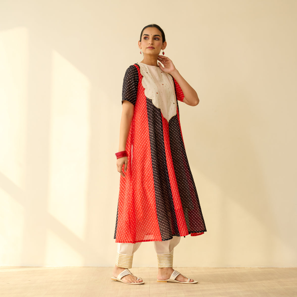Rani Hand Embroidered Kota Doria Cotton Kurta - Red & Black