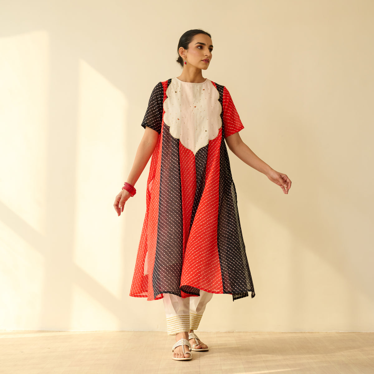 Rani Hand Embroidered Kota Doria Cotton Kurta - Red & Black