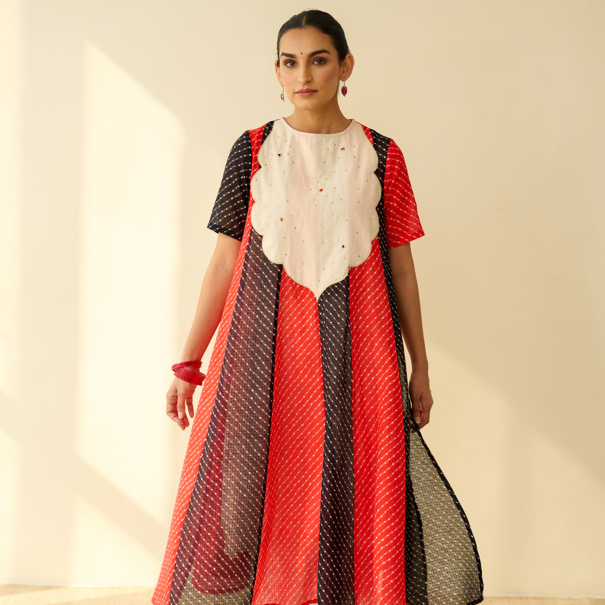 Rani Hand Embroidered Kota Doria Cotton Kurta - Red & Black
