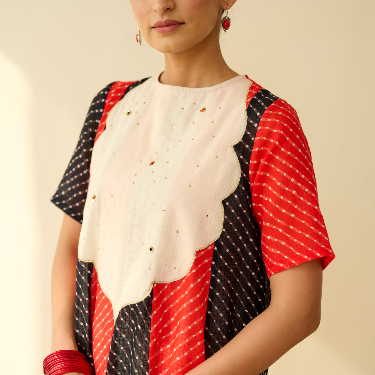 Rani Hand Embroidered Kota Doria Cotton Kurta - Red & Black