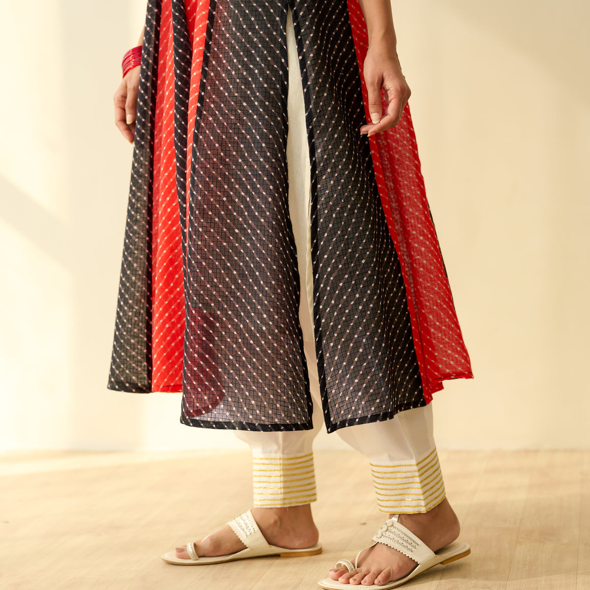 Rani Hand Embroidered Kota Doria Cotton Kurta - Red & Black