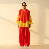 Sundari Kota Doria Cotton Farshi Set with Dupatta - Sindoori Laal & Haldi Yellow