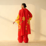 Sundari Kota Doria Cotton Farshi Set with Dupatta - Sindoori Laal & Haldi Yellow