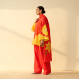 Sundari Kota Doria Cotton Farshi Set with Dupatta - Sindoori Laal & Haldi Yellow