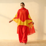 Sundari Kota Doria Cotton Farshi Set with Dupatta - Sindoori Laal & Haldi Yellow