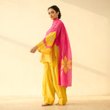 Sundari Kota Doria Cotton Farshi Set with Dupatta - Gulal Pink & Haldi Yellow