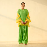 Sundari Kota Doria Cotton Farshi Set with Dupatta - Parrot Green & Turmeric Yellow